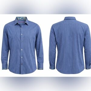 Robert Graham Blue Stripe Button Shirt XL Paisley Trim Cotton